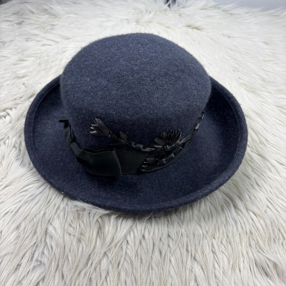 Accessories - Vintage Banash Women's Cloche Navy Wool Hat Boston Floral Bow Trim Retro Flapper